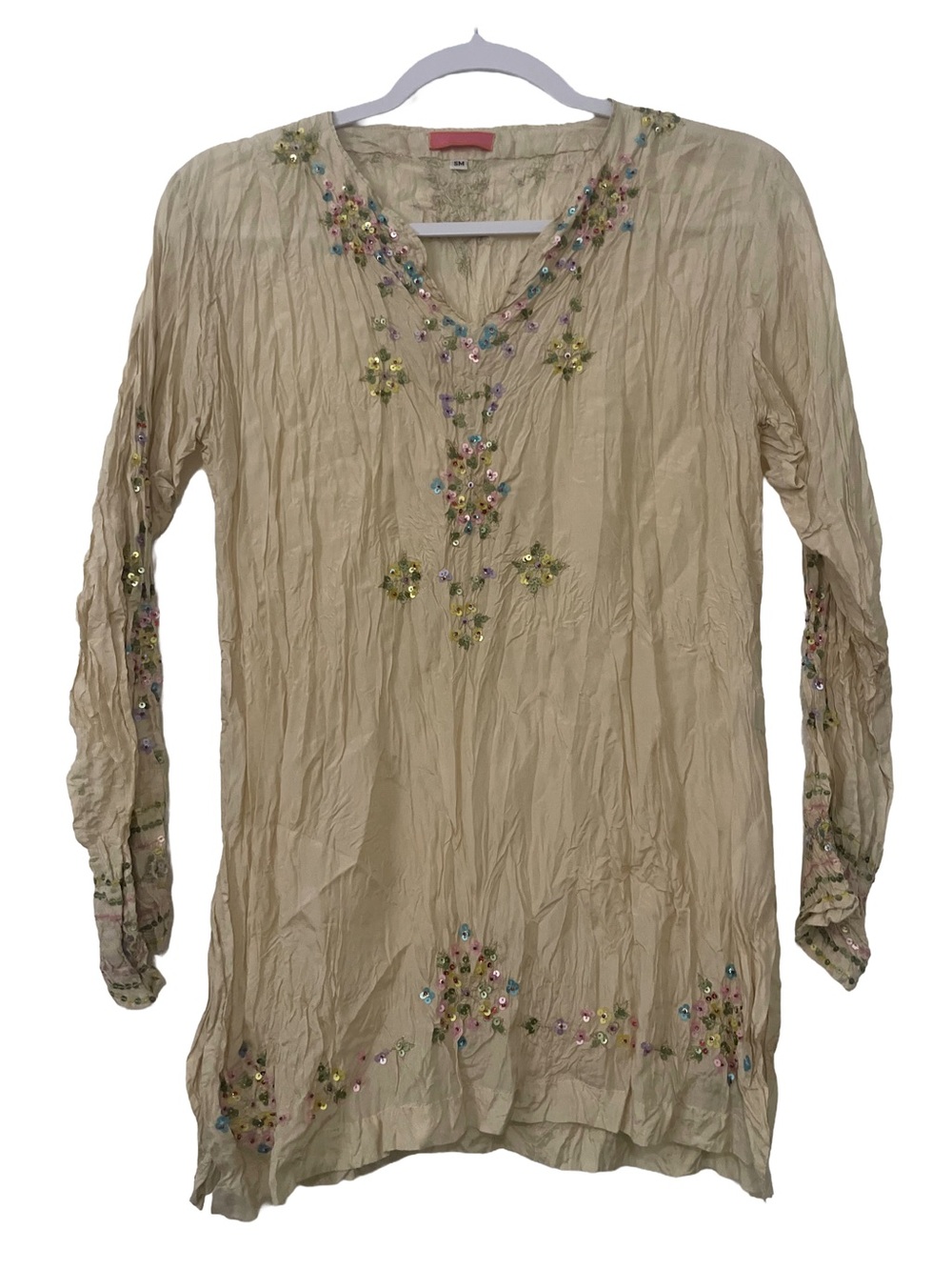 glam Cream V-Neck Embellished Tunic Top